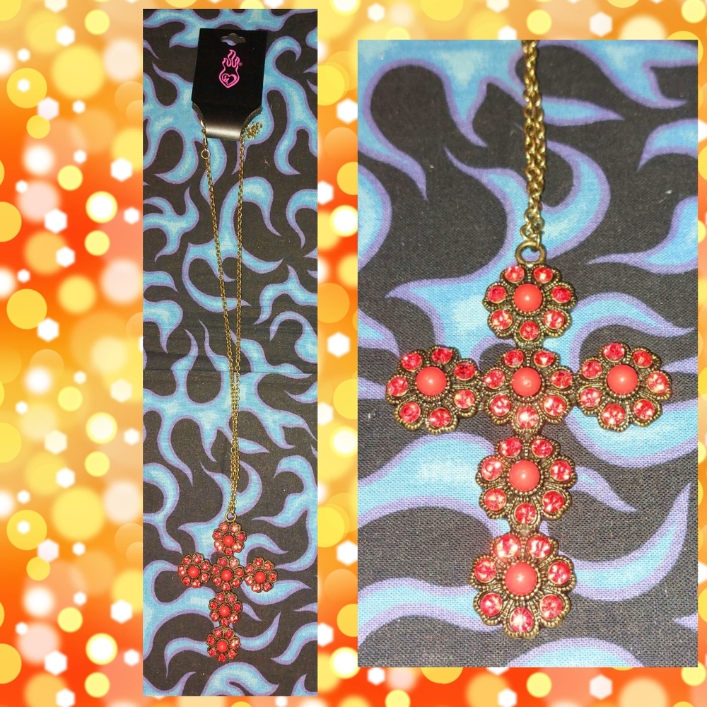 Torrid brand Goldtone Necklace w/Red Beads & Studs Cross Pendant